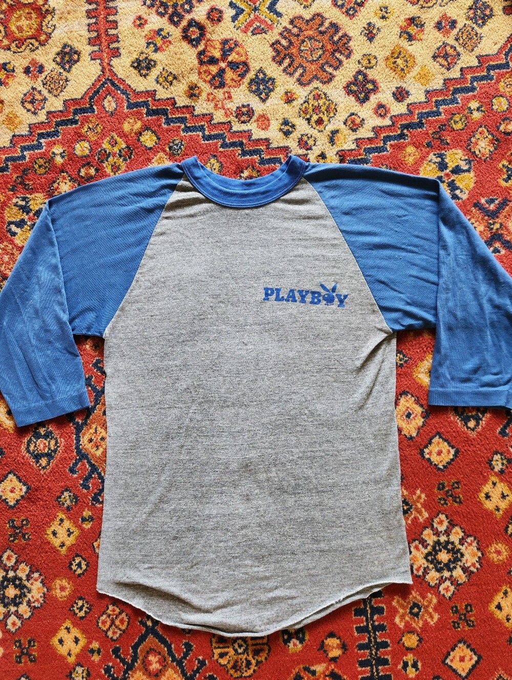 PLAYBOY Gray and Blue Vintage Raglan Baseball Shirt